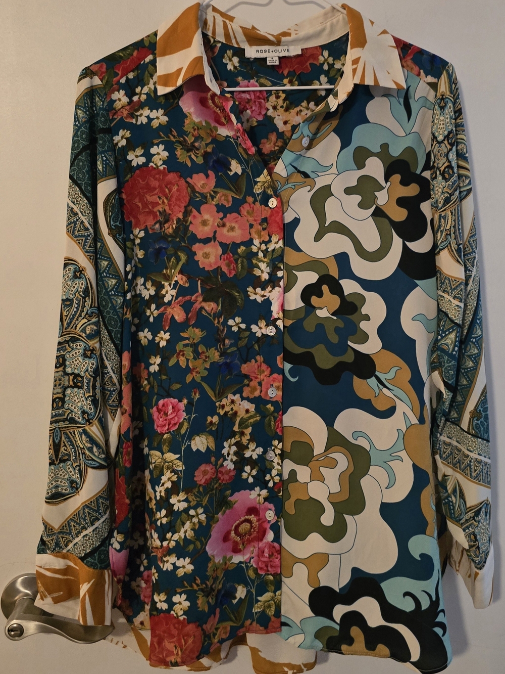 Rose & Olive Teal Multi Mixed-Print Button Down Shirt